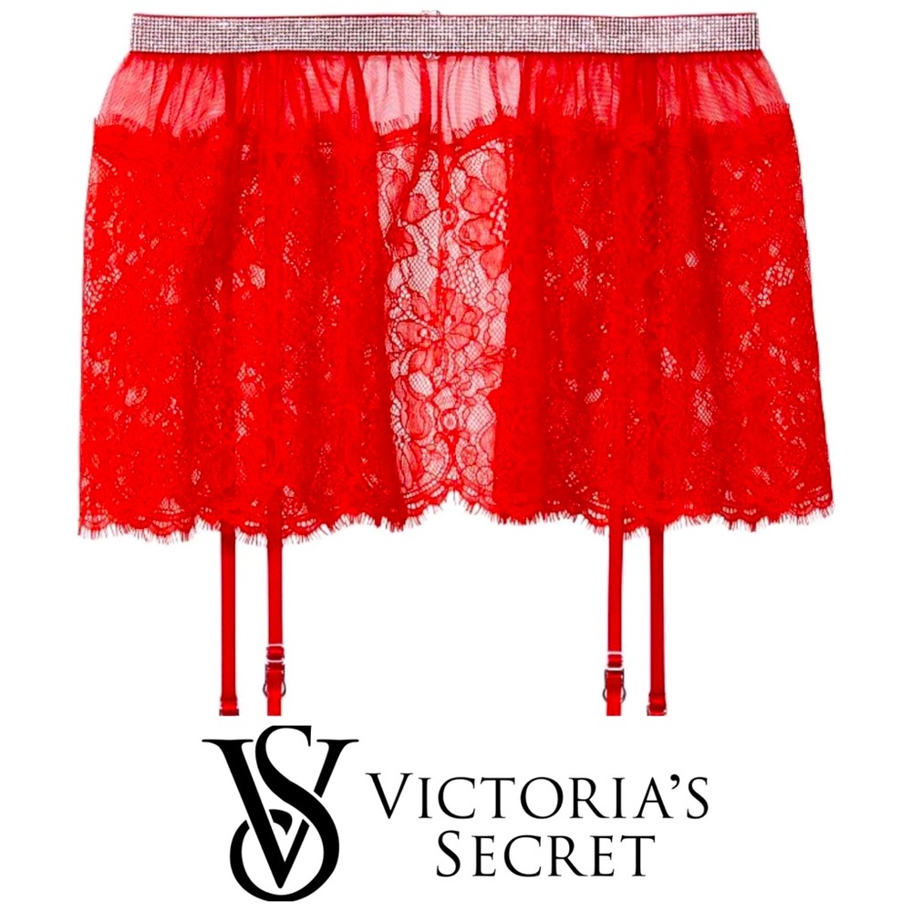 Victoria’s Secret Rhinestone Shine Red Lace Skirt with Garters NWT